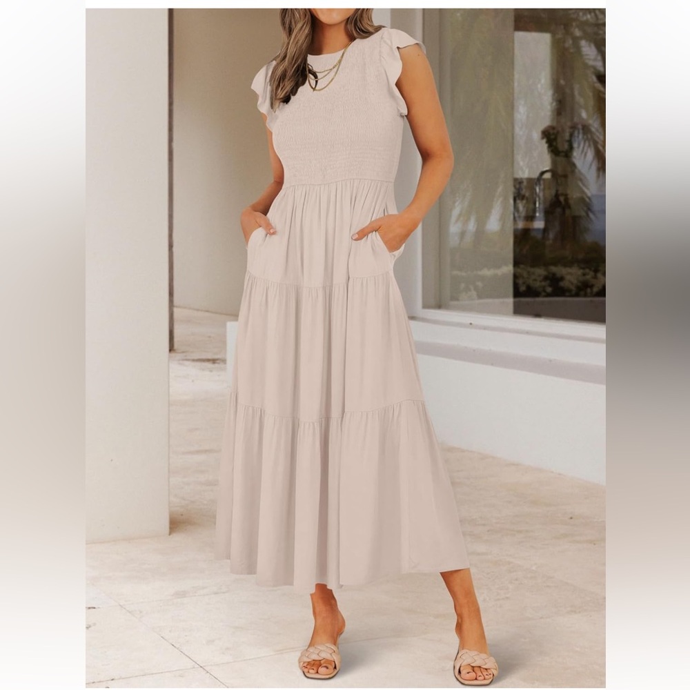 Women’s Cream Tiered Smocked Midi Dress